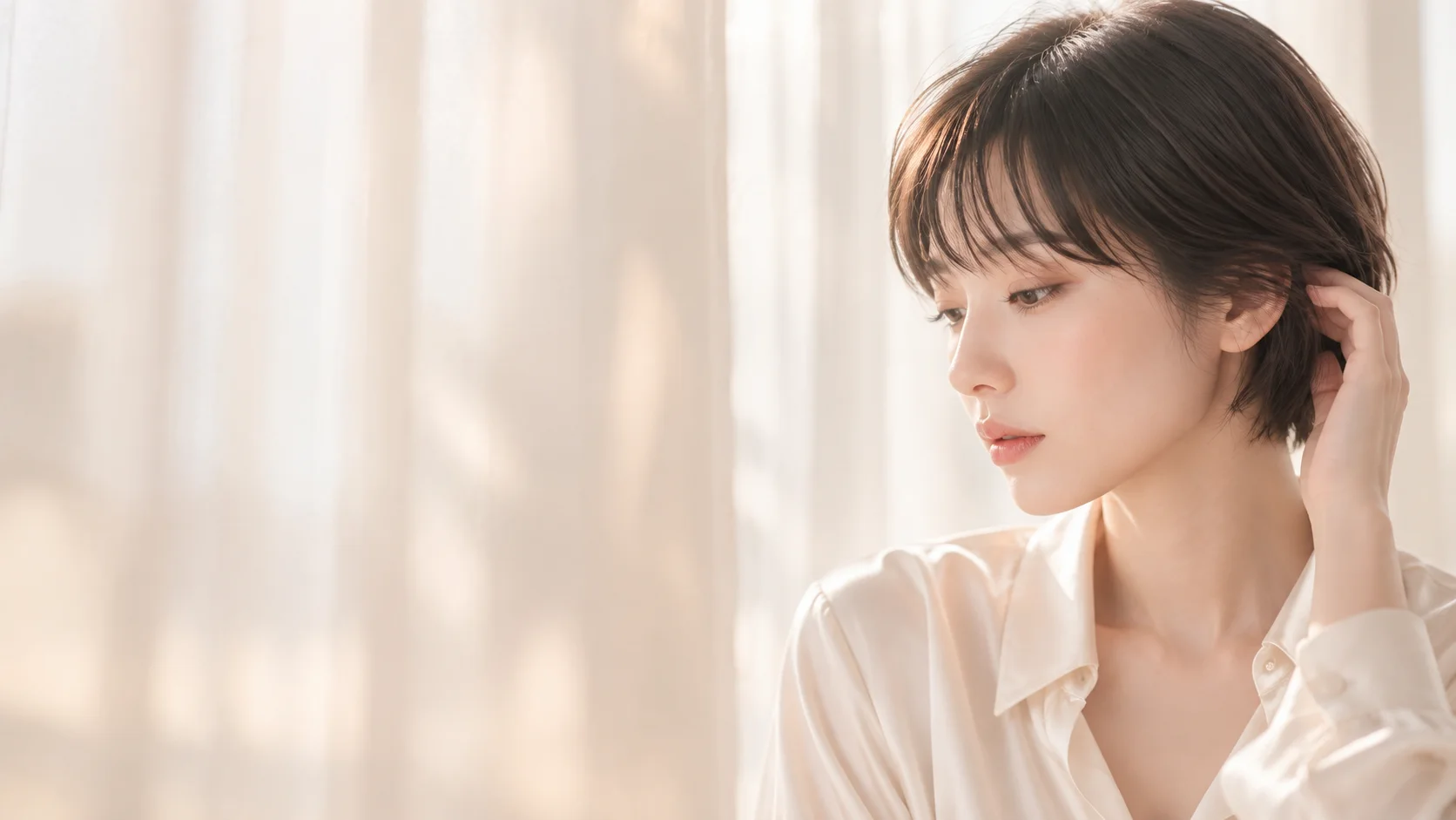 やわらかな光の中で目元を伏せる女性モデル