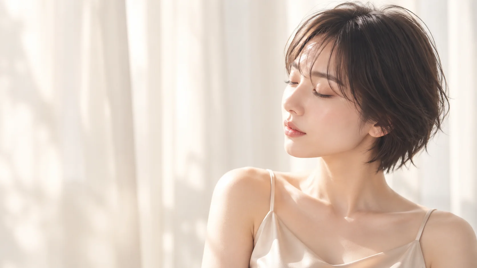 目を閉じ、自然に上向いたまつげの女性モデル
